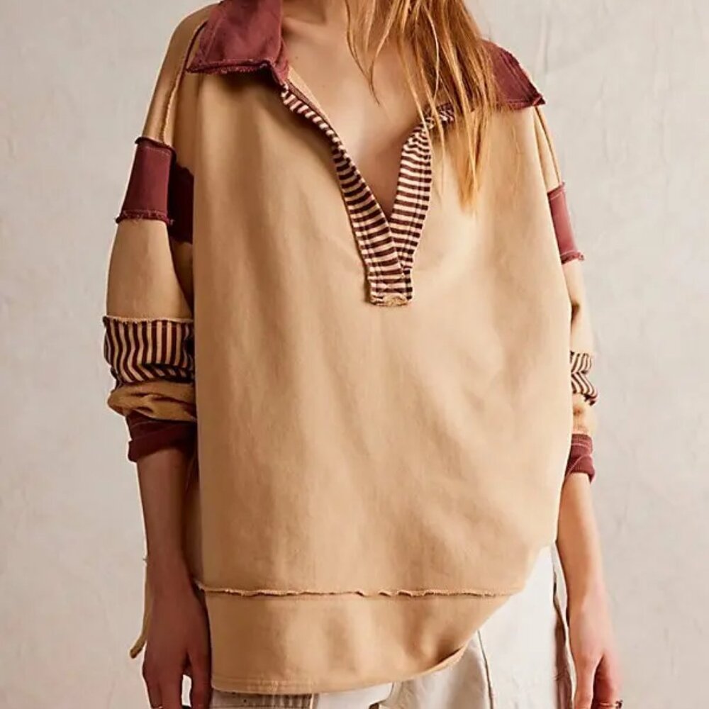 Free People We The Free Clean Prep Polo Oversized Mocha Latte Combo Size S NWOT